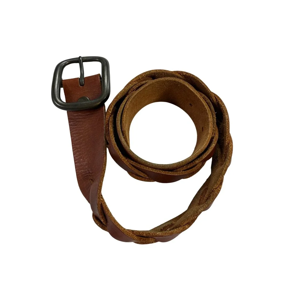 Gap Braided Belt Womens M Brown Excellent Genuine Leather Wide Woven Buckle
